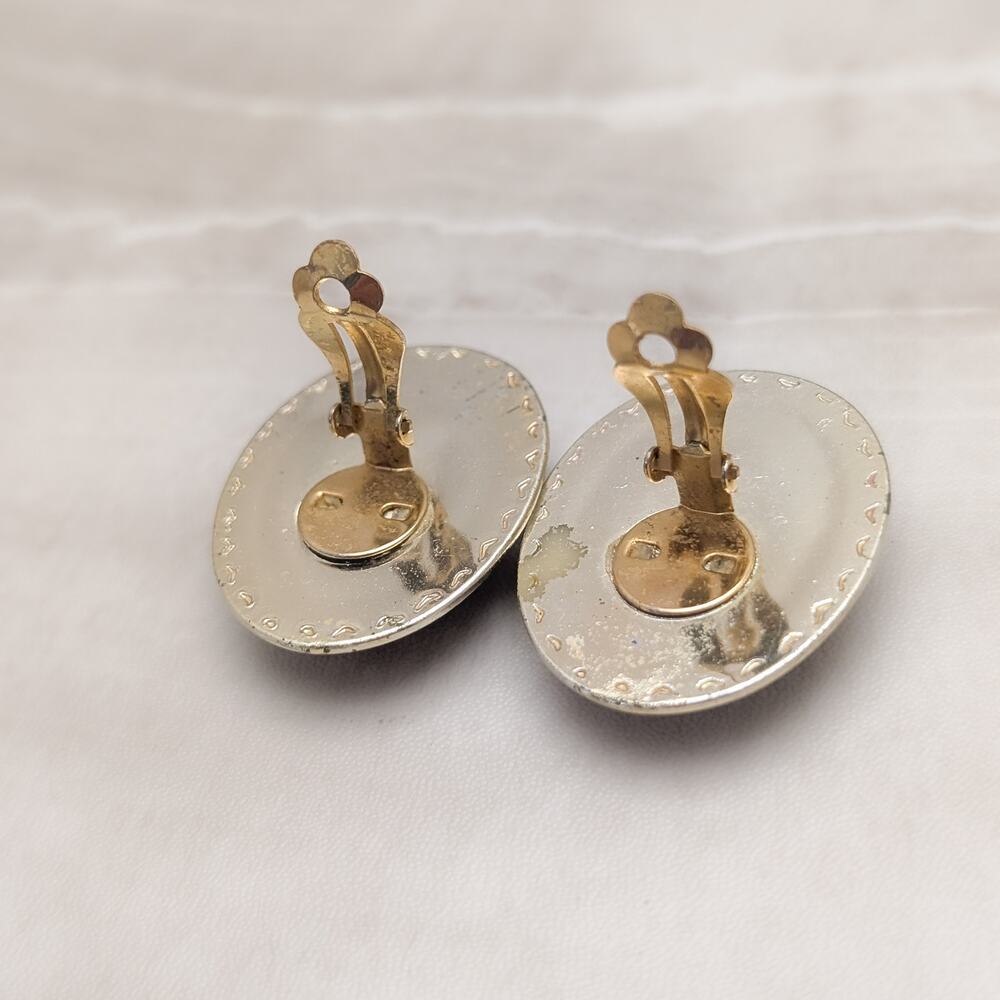 Vintage Clip On Earrings Very Large Gold Tone & Brown Oval Statement Glam - Picture 7 of 8